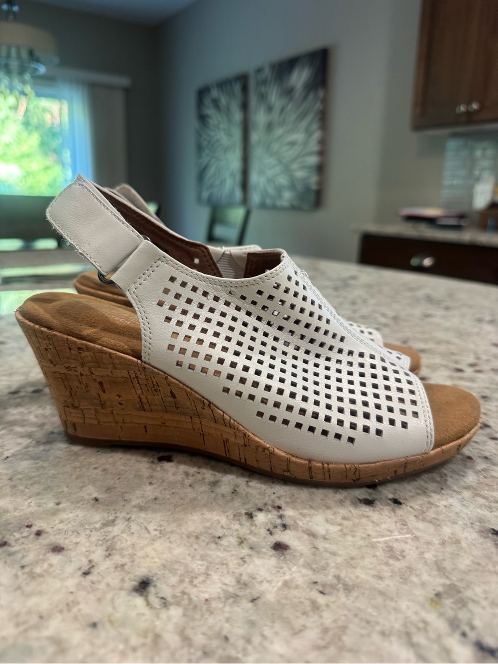 Rockport White Perforated Slingback Cork Wedge Sandals